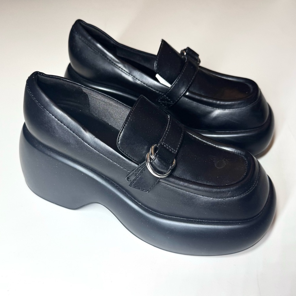 CHARLES & KEITH Women’s Buckled Black Platform Penny Loafers Shoes Size- 38